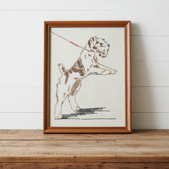 1940s-50s Vintage Framed Terrier Needlepoint Art Wire Fox Terrier Dog Embroidery - Picture 2 of 10